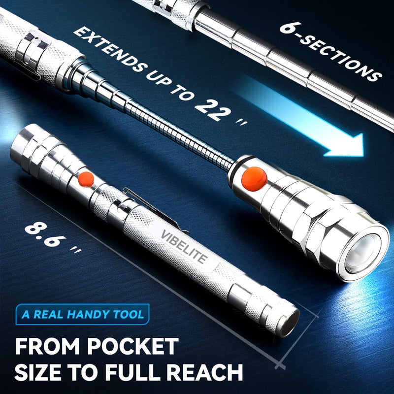 VIBELITE Extendable Magnetic Flashlight with Telescoping Magnet Pickup Tool- Cool Gadget Valentines Day Gifts for Him, Men, Teen Boys, Husband, Dad, Father, Mechanic, Women, Silver - Image 2